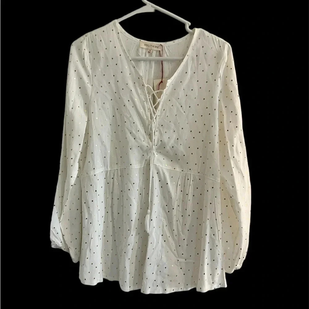 Solitaire Flowy Peasant Style Blouse white with gold hearts White tassels